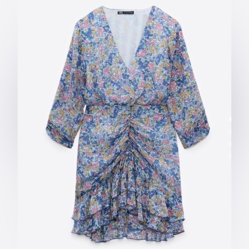 Zara blue floral mini dress, size large, ruched center, 3/4 sleeves, ruffled (C)